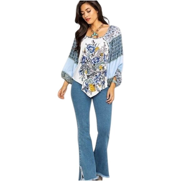 Free People Positano Blouse Ivory Multi Patchwork Balloon Sleeve XS - Picture 10 of 10